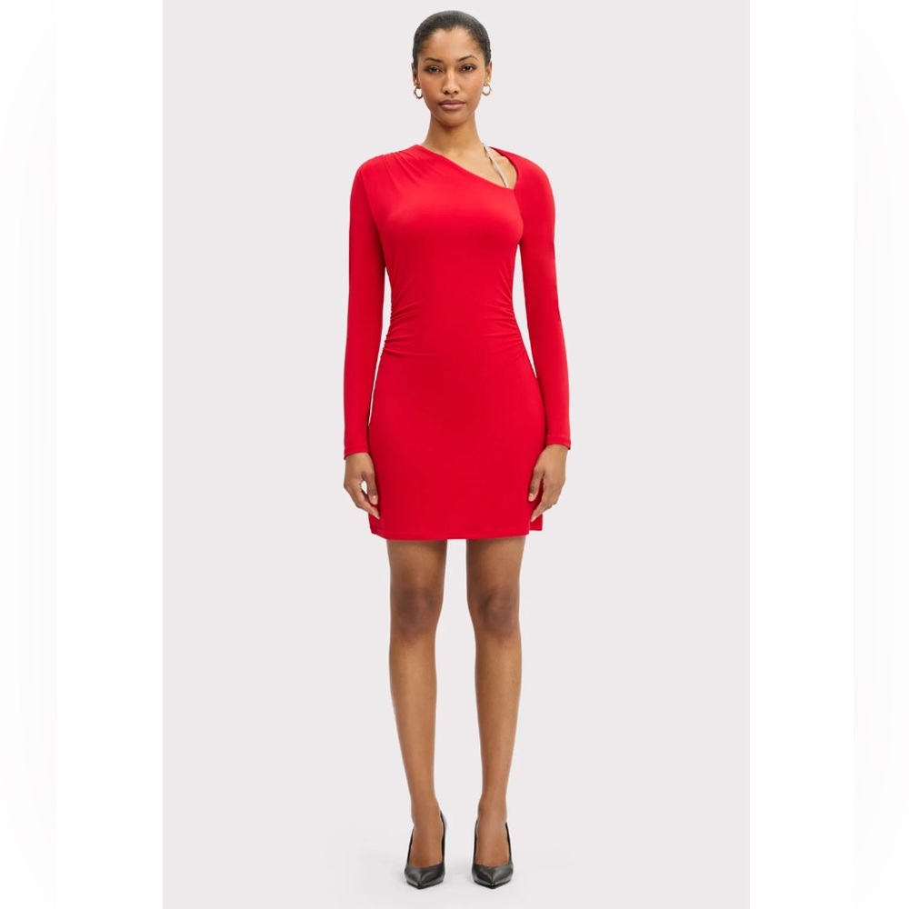 NWT HERVE LEGER THE ABBY LONG SLEEVE MINI DRESS, SIZE XXS, CHERRY RED